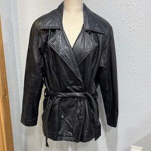 90’s Vintage Wilsons Leather Black Jacket Trench Coat Belted Size Medium